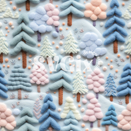 Winter Felt Trees Blue Tones Seamless Pattern