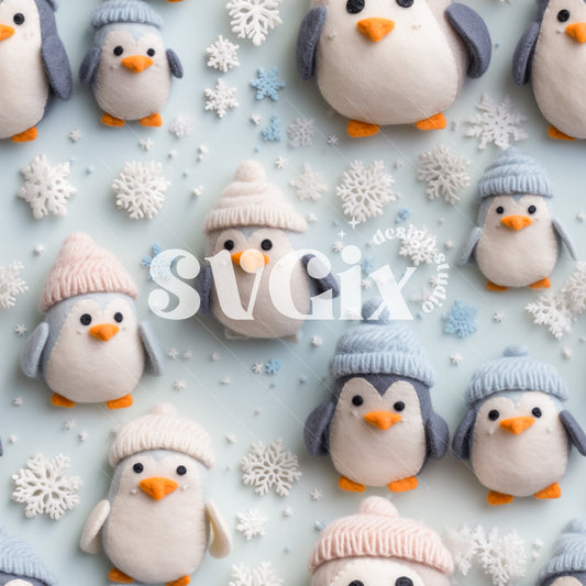 Winter Hats Penguins Seamless Pattern