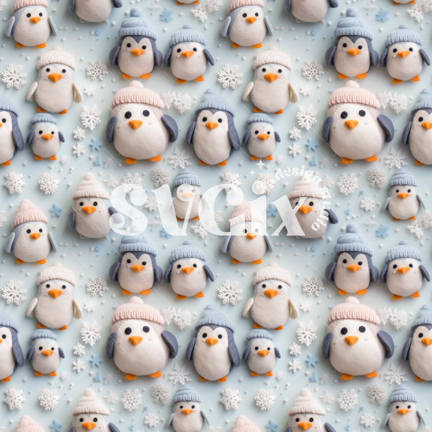 Winter Hats Penguins Seamless Pattern