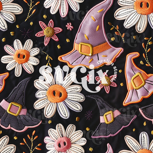 Witchy Hats and Spooky Daises Seamless Pattern