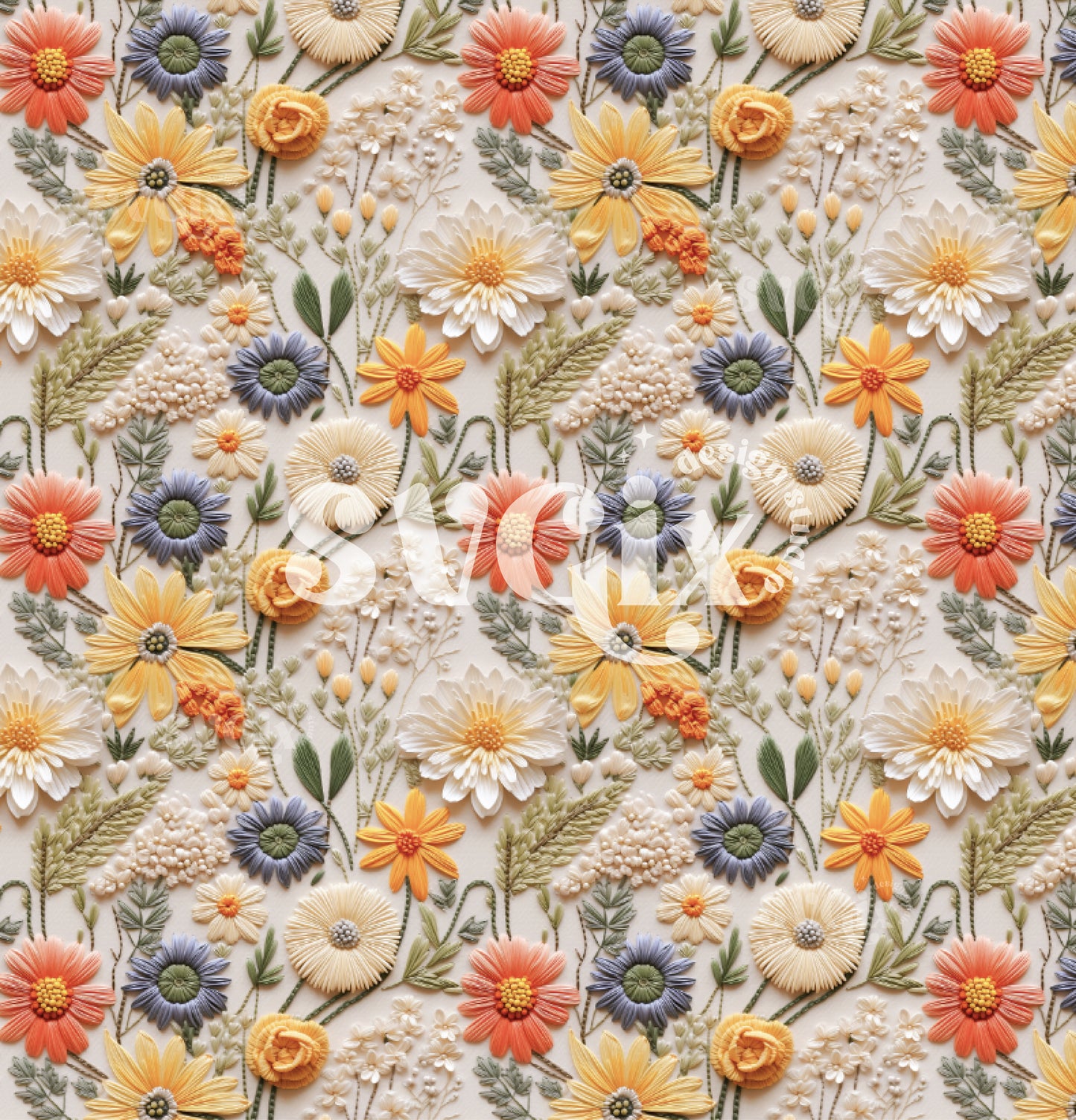 Yellow Blue Wildflowers Embroidery Seamless