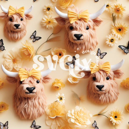 Yellow Bows Highland Cows Seamless Pattern