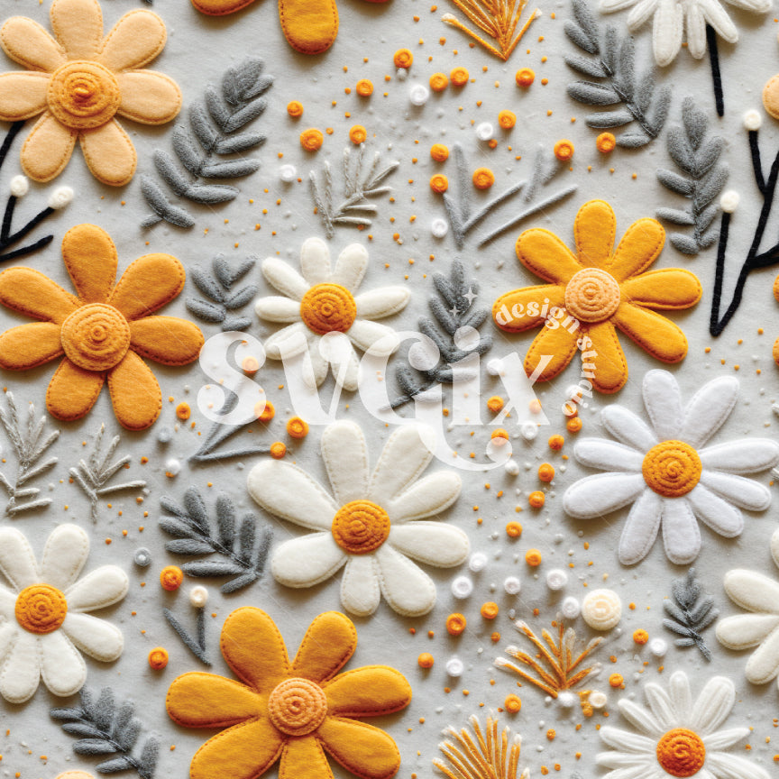 Yellow Sandstone Felt Flowers Embroidery Seamless Pattern