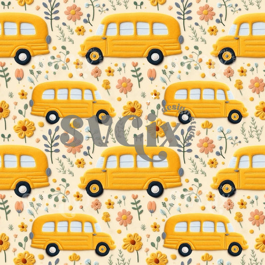 Yellow School Bus Embroidery Seamless Pattern