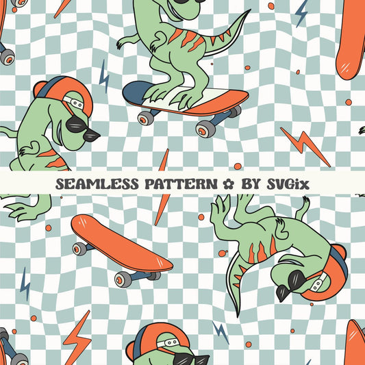 Boy Summer Skater Dinosaur Checkers Seamless Pattern - SVGix