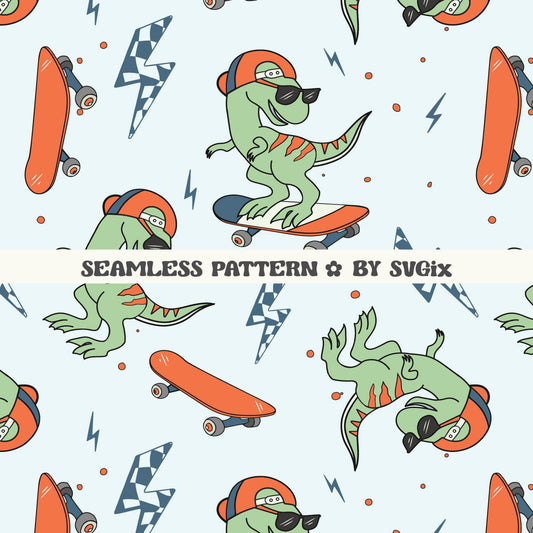 Boy Summer Skater Dinosaur Seamless Pattern - SVGix